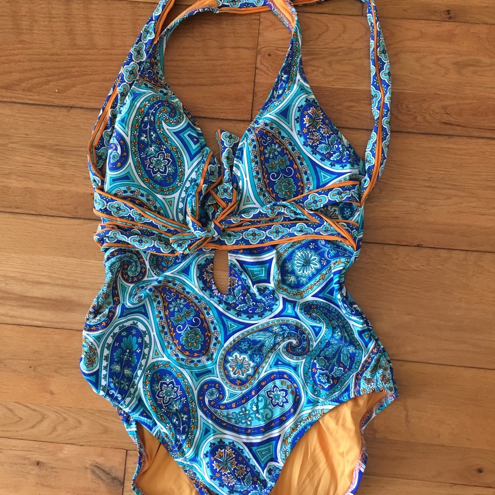 Trina Turk one piece teals paisley swimsuit